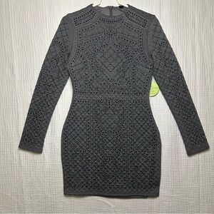 NWT Womans Quilted Bodycon Long Sleeve Rhinestone Charcoal Gray Balmain DRESS M